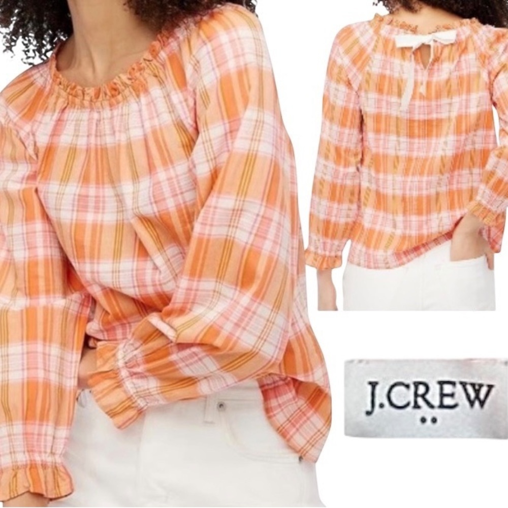 J. Crew Madras Plaid Ruffle Tie-Back 100% Cotton Orange Blouse Top ~ M ~ NWT
